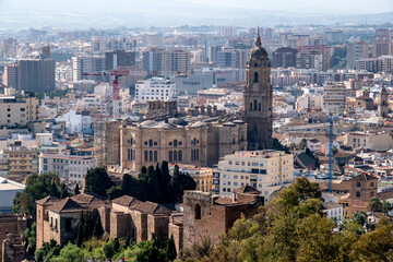 Aerial view of the Spanish city Malaga and rooftops of the old town. Andalusia