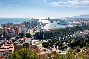 Panoramic view of the city of Malaga with the harbor, gardens and architecture from above