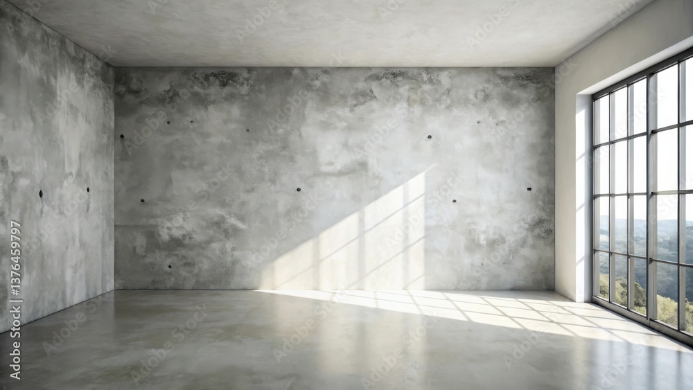 Poster empty industrial loft space with large window showcasing natural light and textured concrete walls