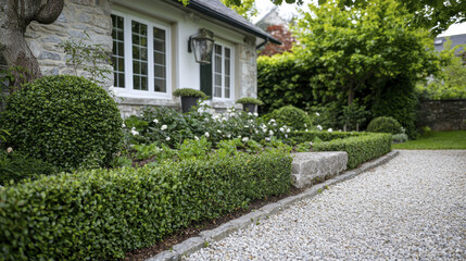 Fototapeta premium Neatly trimmed privet hedge and gravel pathway in serene garden setting