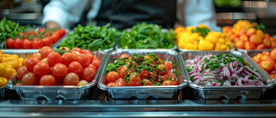 Obraz premium A variety of vegetables are displayed in trays, including tomatoes, onions