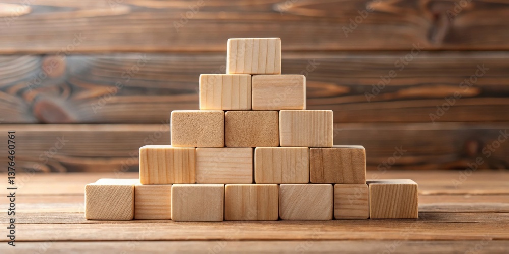 Poster wooden blocks arranged in a pyramid shape on a rustic wooden surface