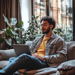 Fototapeta premium Remote work strategies cozy interior lifestyle photography modern environment up close focus on productivity