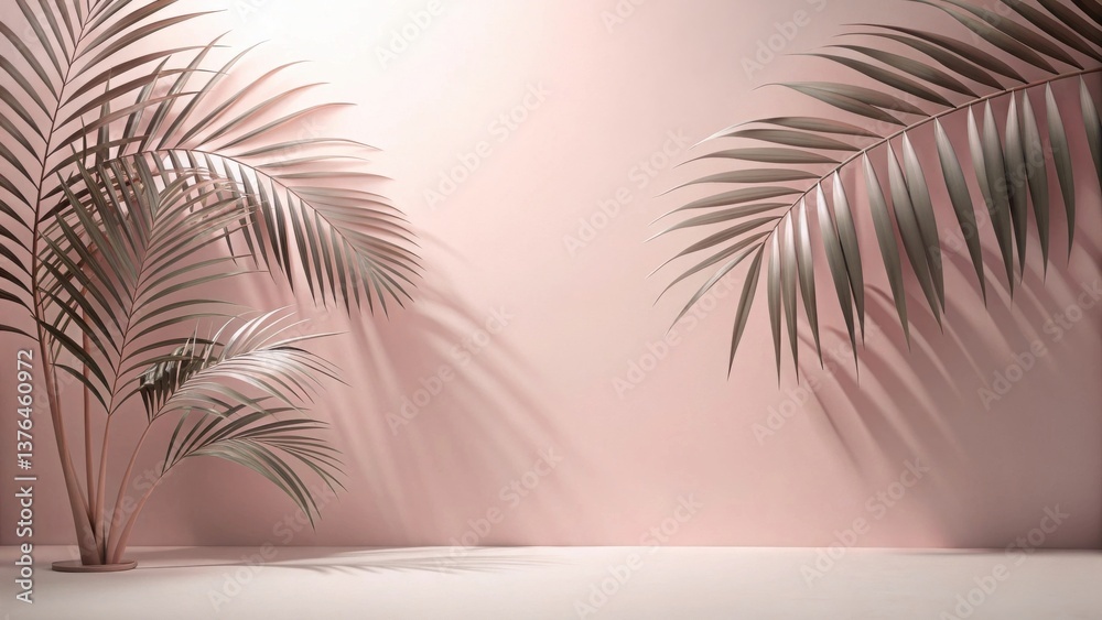 Poster serene minimalist studio scene with elegant palm fronds casting soft shadows on a pale pink wall