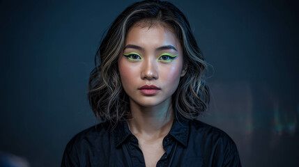 Fototapeta premium Portrait Of An Asian Woman With Green Eyeliner. Woman Fashion