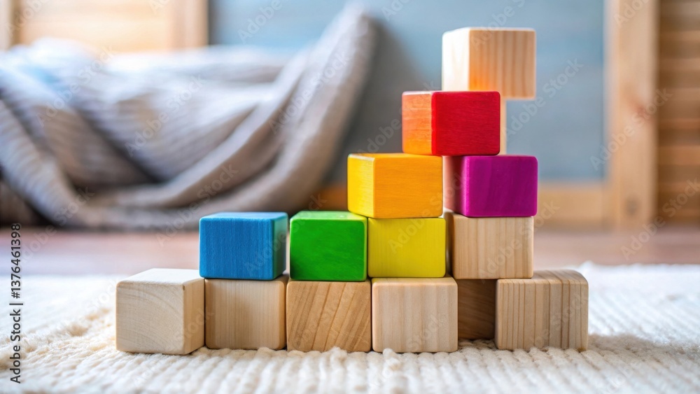 Poster A colorful arrangement of wooden blocks forms a playful structure on a soft surface, a scene of childhood creativity and development in a cozy domestic setting.