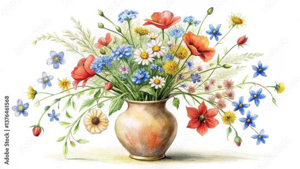 Aufkleber a vibrant array of wildflowers, including poppies and daisies, artfully arranged in a rustic earthen