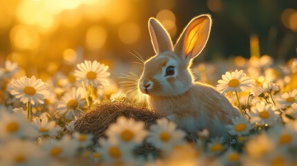 Cute bunny rabbit sitting amidst blooming daisies at sunset.