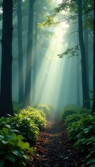 Obraz premium Misty forest, ethereal light, soft focus, dreamlike, soft, ambiance