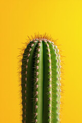 Naklejka premium Close-up of a vibrant green cactus with sharp spines set against a bold, sunny yellow background.
