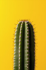 Fototapeta premium Striking green cactus with sharp thorns against a vibrant yellow background. Simplicity and desert nature.