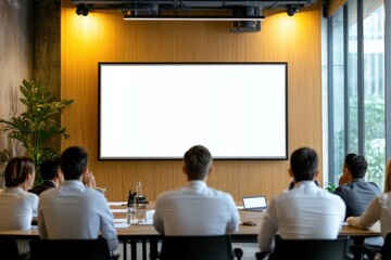 A modern conference room, and a presentation screen. Blank screen for presentations. People are watching. Mock up