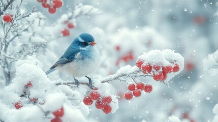 A small blue bird rests on a snow-covered branch laden with red berries, snowflakes gently falling