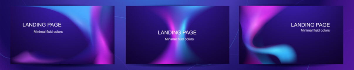 Landing page design set. Modern minimalist blue pink fluid gradient on blue gradient background. Social ads banners or web design