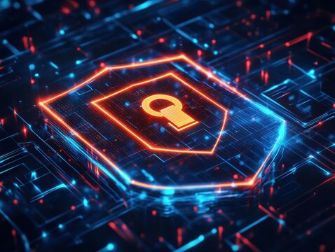 Cybersecurity: A vibrant digital shield symbolizes the essence of data protection and technological security. The captivating image intricately weaves together concepts like digital security.