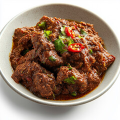 Captivating close-up image of Rendang with vibrant textures on a white background.