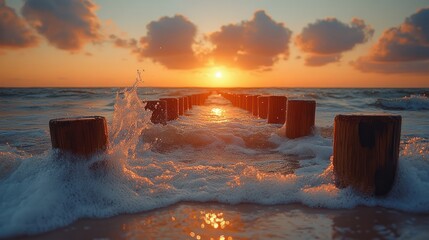 Naklejka premium Sunset over ocean with waves splashing on wooden posts.