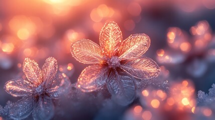 Icy flowers glowing in warm sunset light.