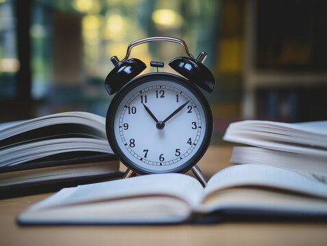Black alarm clock and open books on desk in study environment