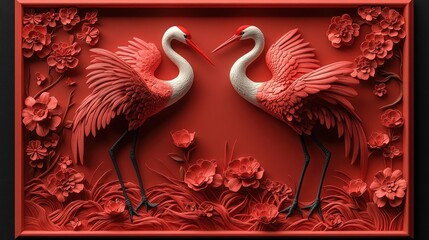 Red cranes facing each other amidst red flowers in a 3D relief artwork.