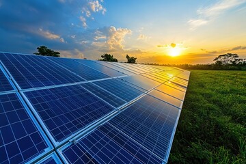Golden Hour: A sprawling solar panel array glistens in the warm, radiant light of the setting sun, juxtaposed against a vibrant sky, symbolizing renewable energy