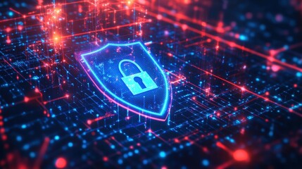 Digital Fortress: An abstract representation of digital security, the image features a glowing shield with a padlock set against a backdrop of a complex circuit board network