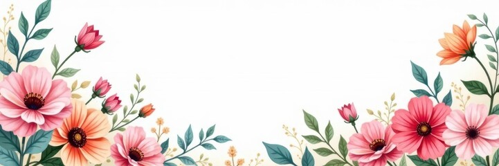 Subtle watercolor wildflower border, botanical style Light, airy floral frame , painting, petal