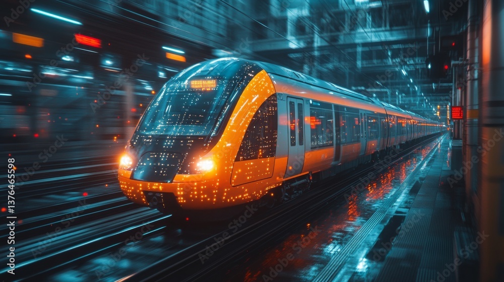 Poster An advanced smart train is seen navigating through a high tech urban train station illuminated by city lights. The atmosphere is energetic as the train moves along the tracks.