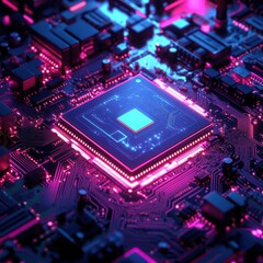 Fototapeta premium Neon Circuits: An intricate circuit board glows with neon light, showcasing the technological marvels of computing.