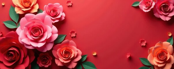 Vibrant red, pink, orange paper roses backdrop, colorful background, decoration