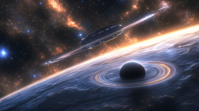 A breathtaking view of deep space filled with vibrant nebulae, distant galaxies, and twinkling stars. A colossal, ringed exoplanet dominates the foreground, partially illuminated by a nearby blue gian