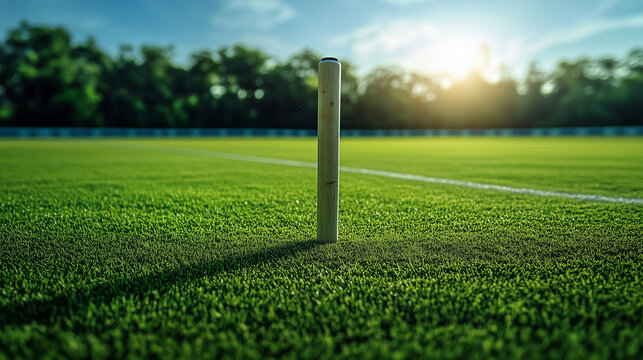 Single cricket stump on green field under afternoon sunlight