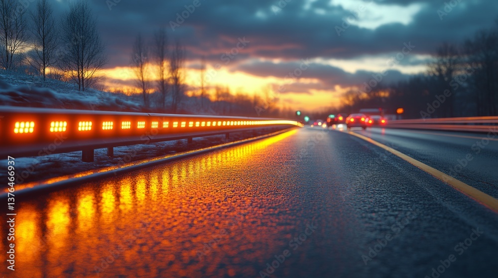 Poster illuminated lanes along a smart road reflect orange light at dusk, showcasing advanced transportatio