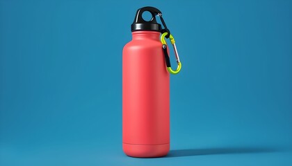 Obraz premium Mockup Coral Pink Insulated Water Bottle with Black Cap and Carabiner Clip