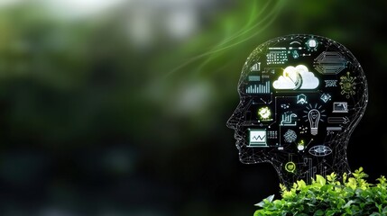 skill and growth concept. Human silhouette with abstract digital elements and greenery.