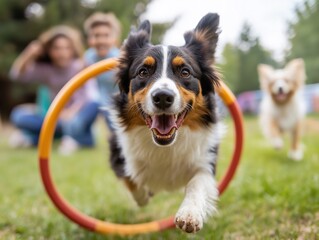 Dog Agility Training and Exercise: Happy Collie Enjoying a Colorful Hoop in Action Outdoors