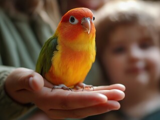 Colorful Parrot on Hand: A Vibrant Close-Up of Pet and Wildlife Interaction