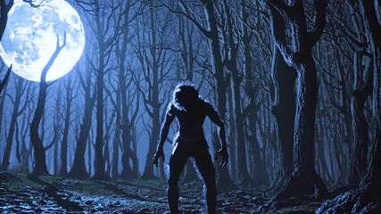 Shadowed werewolf stands hunched beneath full moon in eerie forest, dramatic blue tones and dark posture reflect menace, nocturnal fear, and mythical forest transformation. - Powered by Adobe
