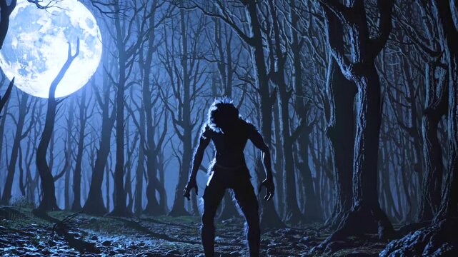 Shadowed werewolf stands hunched beneath full moon in eerie forest, dramatic blue tones and dark posture reflect menace, nocturnal fear, and mythical forest transformation.
