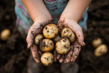 Farmer holding freshly harvested potatoes in dirty hands