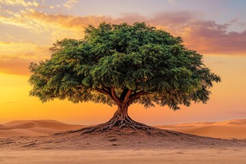  A symbolic Tree of Life standing alone in a vast desert, its roots deep and branches reaching for the sky, representing resilience and hope
