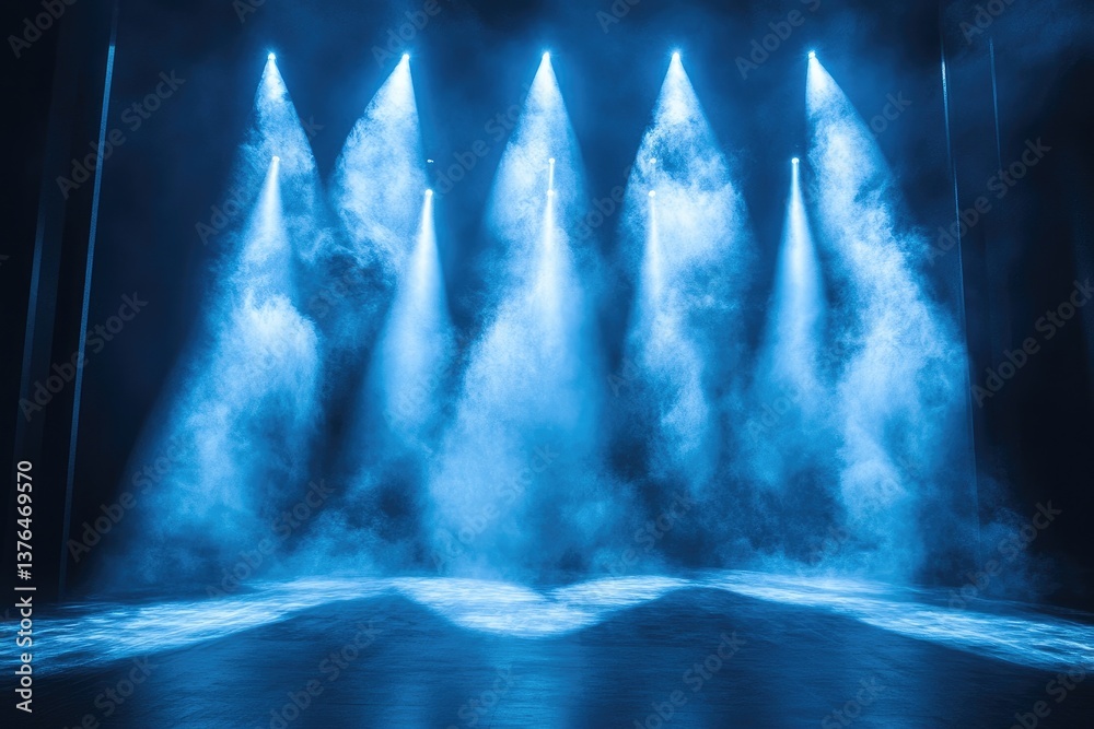 Poster empty stage with spotlights and smoke creating a dramatic atmosphere