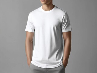 blank white t shirt use by model on gray background