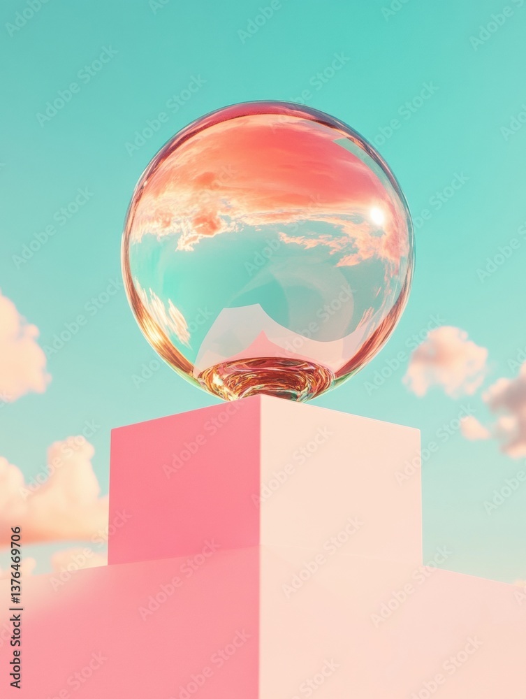 Aufkleber pastel minimalism translucent glass sphere on gradient geometric pedestal - innovative visual design