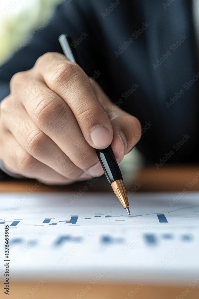 Poster minimalist business analytics precision data visualization with ergonomic gold-tipped pen on strateg