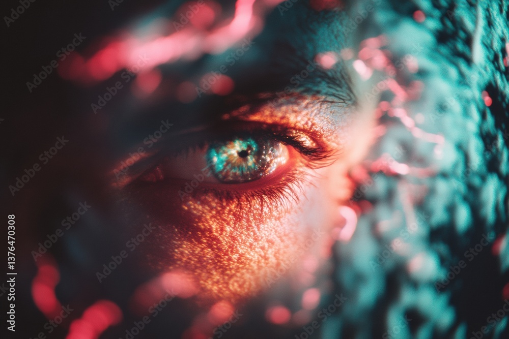 Poster cyberpunk emotion hyper-detailed human eye in neon dystopian palette - immersive visual technology e