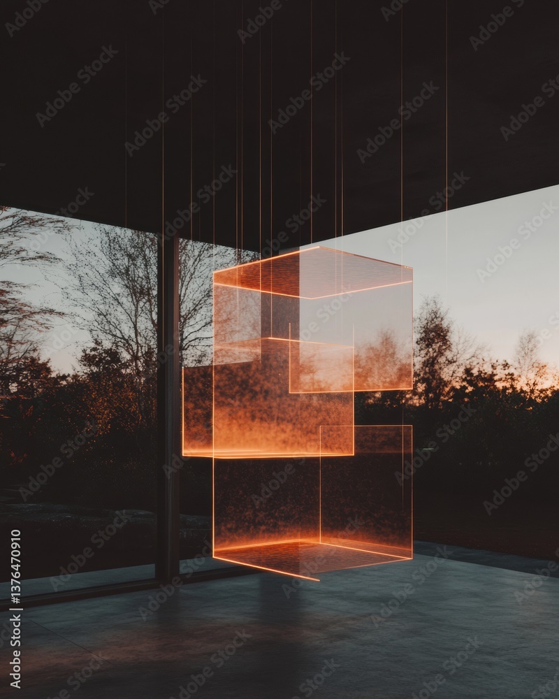 Poster abstract digital architecture translucent geometric glass cubes in luminous amber, exploring immersi
