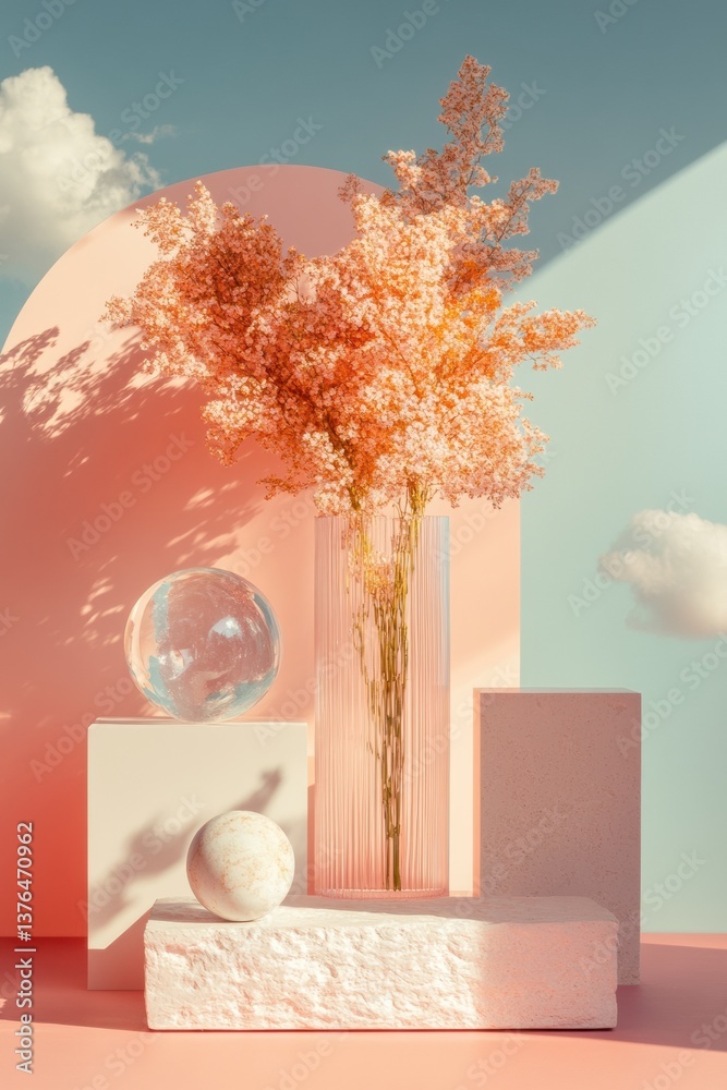 Aufkleber ethereal minimalist composition soft pastel aesthetic with translucent sphere and delicate coral bot