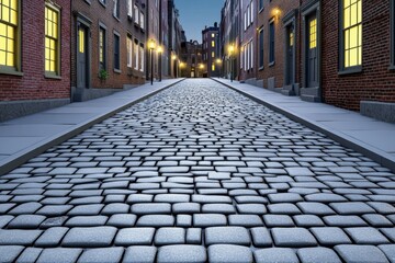 Fototapeta premium A realistic 3D digital illustration of River Street at dusk, with golden street lights reflecting off the cobblestones