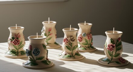 An artistic arrangement of several commemorative candles in elegant ceramic holders, each uniquely detailed with floral motifs